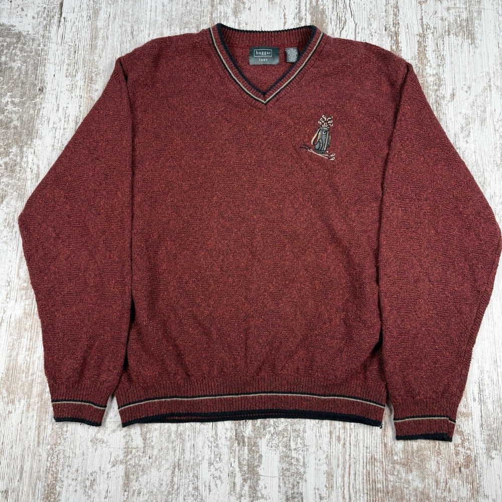 HAGGAR TOUR Large L Burgundy Grandpa‎ Sweater Embroidered V-Neck Pullover Golf